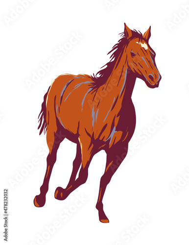 WPA poster art of a mustang or wild horse free-roaming horse in Western United States descended from horses brought  by the Spanish done in works project administration or federal art project style.
