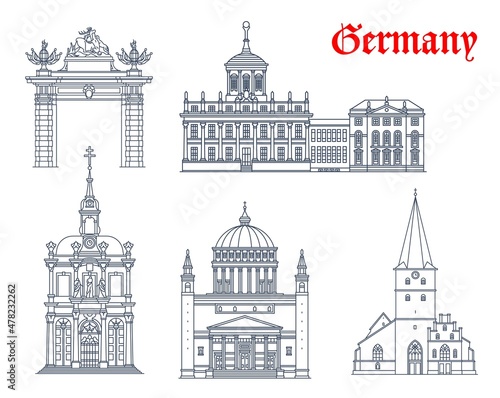 Germany architecture, Potsdam and Bonn travel landmark vector buildings. Germany St Remigius church in Bonn, Nikolaikirche or Saint Nikolai cathedral, Potsdam Altes Rathaus and Kreuzbergkirche