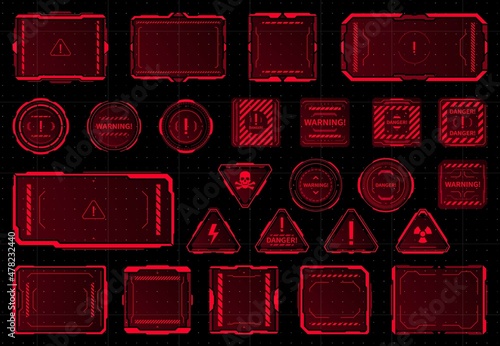 HUD danger, warning and alert attention red vector frames or signs. Sci Fi game interface hologram screens with hazard warning and caution messages, skulls, exclamation, radiation, high voltage sign photo