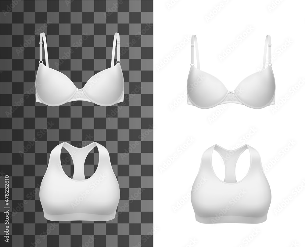 Vetor de Woman bra realistic mockup of 3d vector clothes and underwear.  White sports bra and push-up brassiere with soft cups, racerback and  straight straps on transparent background, lingerie fashion do Stock