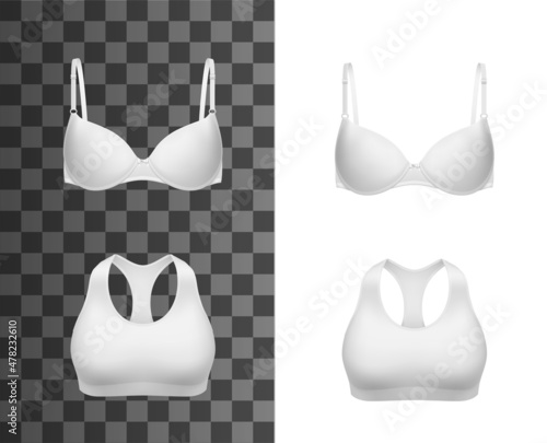 Woman bra realistic mockup of 3d vector clothes and underwear. White sports bra and push-up brassiere with soft cups, racerback and straight straps on transparent background, lingerie fashion photo