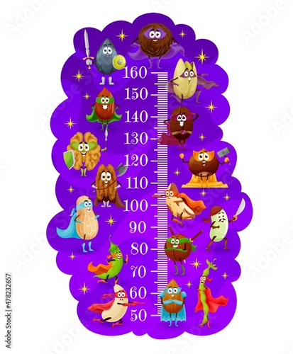 Kids height chart. Nuts superhero defenders, vector growth meter. Kids size chart tall ruler with cartoon superhero nuts, walnut, hazelnut and peanut, almond, pistachio, bean in power capes and swords