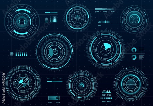 Circle futuristic HUD digital interface data screen dashboard. Vector sci-fi crosshair aims control, target round frames. Military optical aiming, neon glowing gui elements, radars sights or sonars
