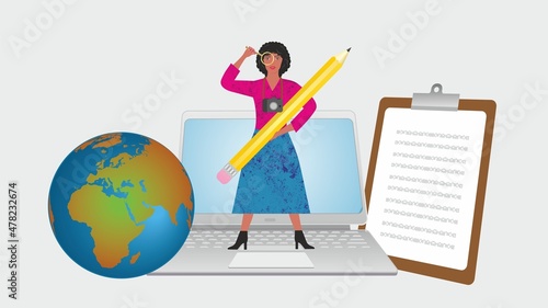 Woman with pencil, camera, laptop, notebook and globe of Planet Earth. Vector illustration. EPS10. Dimension 16:9.