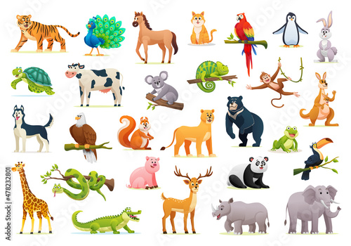 Collection of cute cartoon animal illustrations on white background © YG Studio