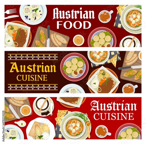 Austrian cuisine vector banners with meat food and dessert dishes, coffee drink and latte. Pork steak with potato goulash and toasts, meat and fruit dumplings, cheese pepper spread and crepe rolls