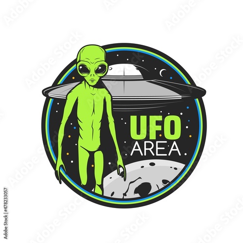 Ufo area icon with green alien and flying saucer over Earth planet. Space research vector emblem with extraterrestrial comer with huge eyes and interstellar shuttle retro label. Alien cosmic creature