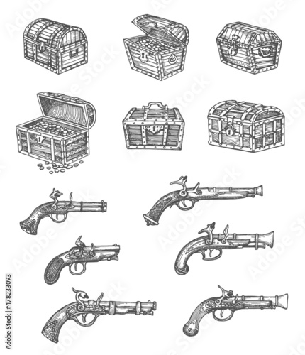 Vintage isolated pirate chest and musket gun vector sketches. Hand drawn pirate treasure chests or boxes full of gold coins and jewelry with locks, old pistols, musketoon and blunderbuss weapon