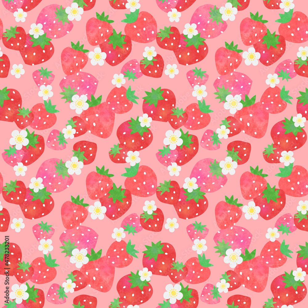水彩タッチのイチゴ 花 シームレスパターン ピンク背景 Stock Illustration Adobe Stock