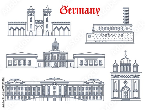Germany architecture, Potsdam landmarks, palaces and churches, travel vector buildings. Friedenskirche Church of Peace, Alexander Nevsky Memorial, Potsdamer Stadtschloss, Marmorpalais and Nauener Tor