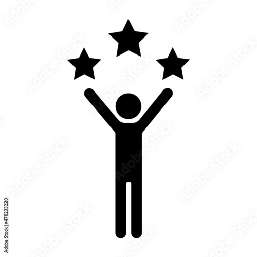 Man silhouette with hand up. Three star icon. Black shape. Simple design. Outline shape. Vector illustration. Stock image. 