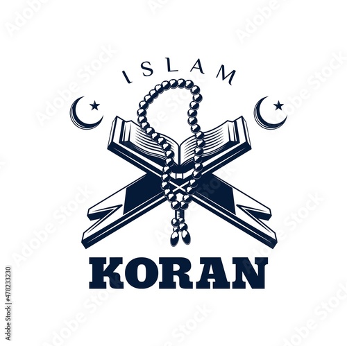 Koran book isolated vector icon, Muslim religion. Quran holy book and Islam prayer beads on rehal wood rest symbol with Muslim crescent moon and stars, Ramadan Kareem holiday design