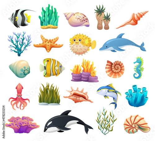 Set of fish, sea animals, seashells, and coral reef cartoon illustration