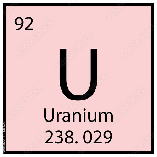 Uranium icon. Chemical sign. Mendeleev table. Square frame. Light pink background. Vector illustration. Stock image. 
