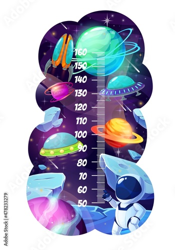 Kids height chart with astronaut and galaxy planets. Growth meter with cartoon space, spaceship, UFO flying saucer and spaceman, stars and meteors, children growth measuring wall vector sticker