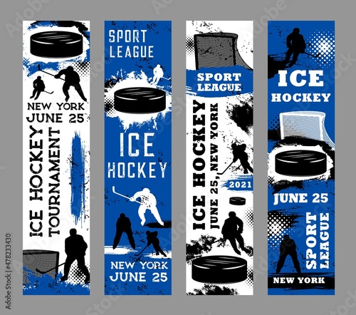 Ice hockey sport grunge banners of players vector silhouettes on rink with hockey pucks, sticks and gates, ice skates, uniform helmets. Sport league tournament match invite flyers with paint splashes
