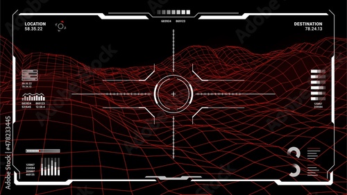 HUD futuristic monitor screen interface of target aim control vector design. Vr head up display dashboard or Sci Fi game ui control panel with digital target crosshair, red hologram map and graphics