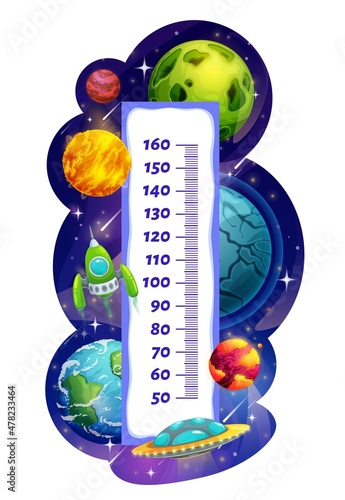 Kids height chart growth measure meter, galaxy planets and shuttles. Cartoon vector wall sticker with cosmos and ufo saucers in space. Children height measurement scale ruler with spaceship and UFO