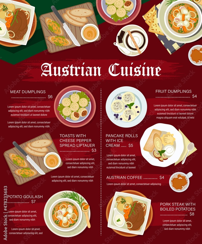 Austrian cuisine vector menu with meat food dishes, desserts and coffee drinks. Pork and fruit dumplings, potato goulash and meat steak, crepe rolls with jam, latte and toast with cheese pepper spread Austrian cuisine vector menu with meat food dishes, desserts and coffee drinks. Pork and fruit dumplings, potato goulash and meat steak, crepe rolls with jam, latte and toast with cheese pepper spread