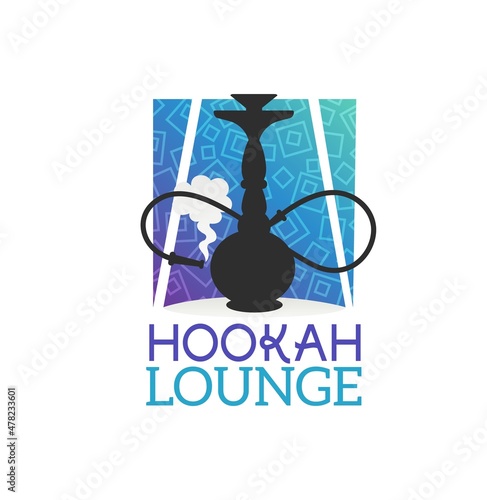 Hookah lounge icon with shisha, curved pipe and smoke. Vector emblem for hooka store, bar, restaurant or club. Oriental arabic equipment for vaporizing and smoking flavored tobacco with tube lablel