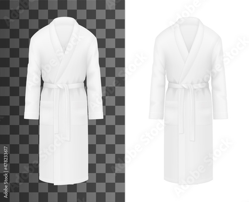 White bathrobe, realistic clothes of bath robe gown, vector mockup. Hotel and spa apparel template, shower robe of white soft cotton with belt, front man or woman wear on transparent background