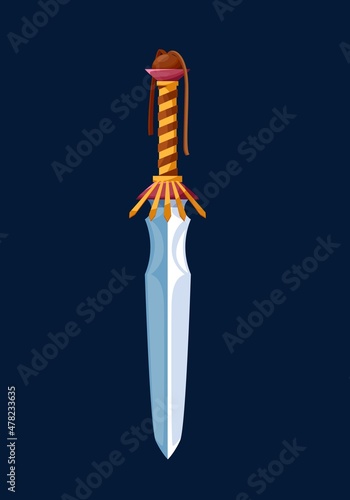 Magical cartoon glaive sword blade. Medieval sword or knife, vector fairytale dagger game weapon object asset, GUI element. Magic ancient Latin gladius sword with short blade and fringe on handle