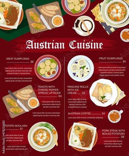 Austrian cuisine vector menu with meat food dishes, desserts and coffee drinks. Pork and fruit dumplings, potato goulash and meat steak, crepe rolls with jam, latte and toast with cheese pepper spread