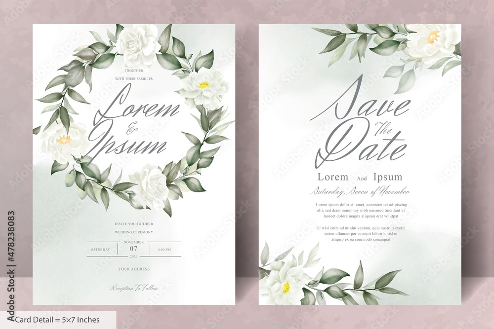 Elegant Watercolor Floral Wedding Invitation Set with Hand Drawn Peony and Leaves