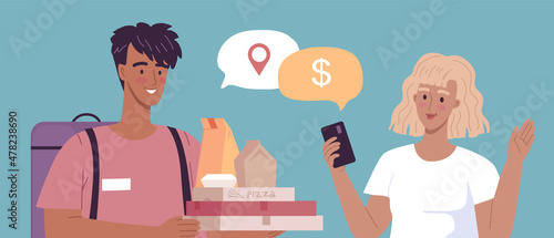 A young courier delivers some food orders to a customer. Vector illustration of cartoon characters