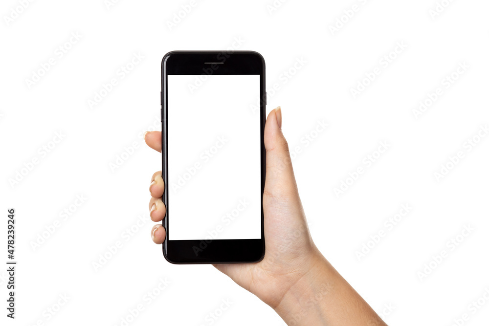 Hand young woman holding mobile smartphone with blank screen isolated on white background with clipping path Hand young woman holding mobile smartphone with blank screen isolated on white background with clipping path