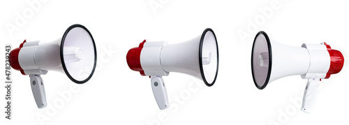 Red and white megaphone isolated on white background with clipping path photo