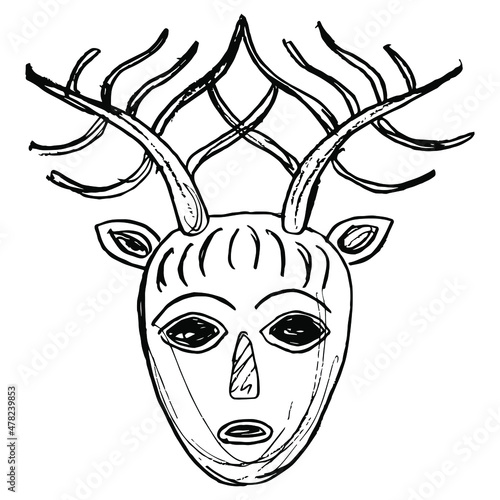 Head of Celtic god Cernunnos. Pagan mask. Horned human male face with deer antlers. Lord of beasts and wild nature. Hand drawn linear doodle rough sketch. Black silhouette on white background.