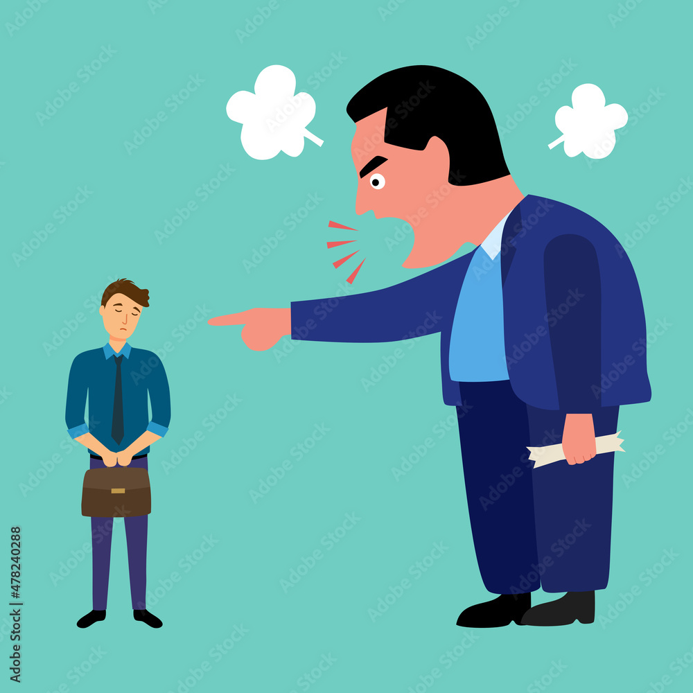 Angry boss yelling at mail employee in office concept vector illustration. Angry boss yelling at mail employee in office concept vector illustration.