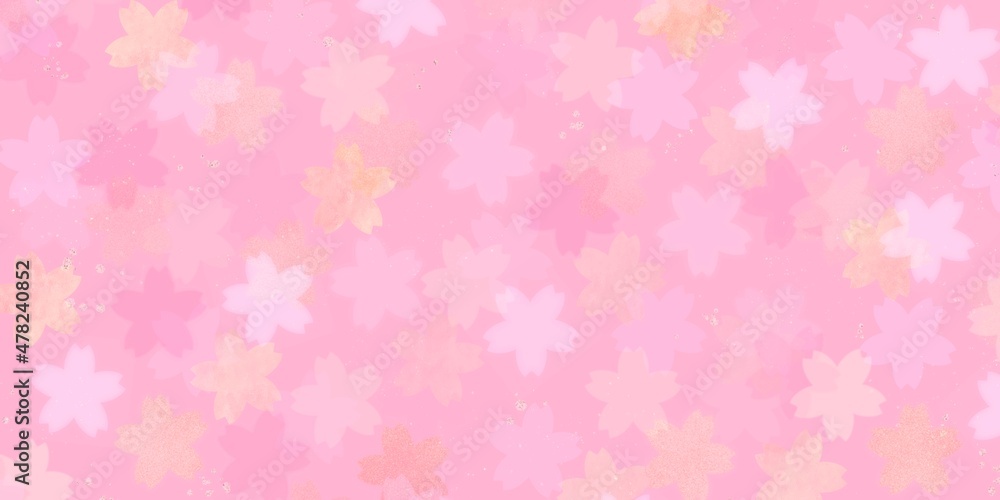 春の和風テンプレート)ボケライト風の桜の花柄と金色のグリッター・ピンク 横長バナー 花見 植物 春の和風テンプレート)ボケライト風の桜の花柄と金色のグリッター・ピンク 横長バナー 花見 植物