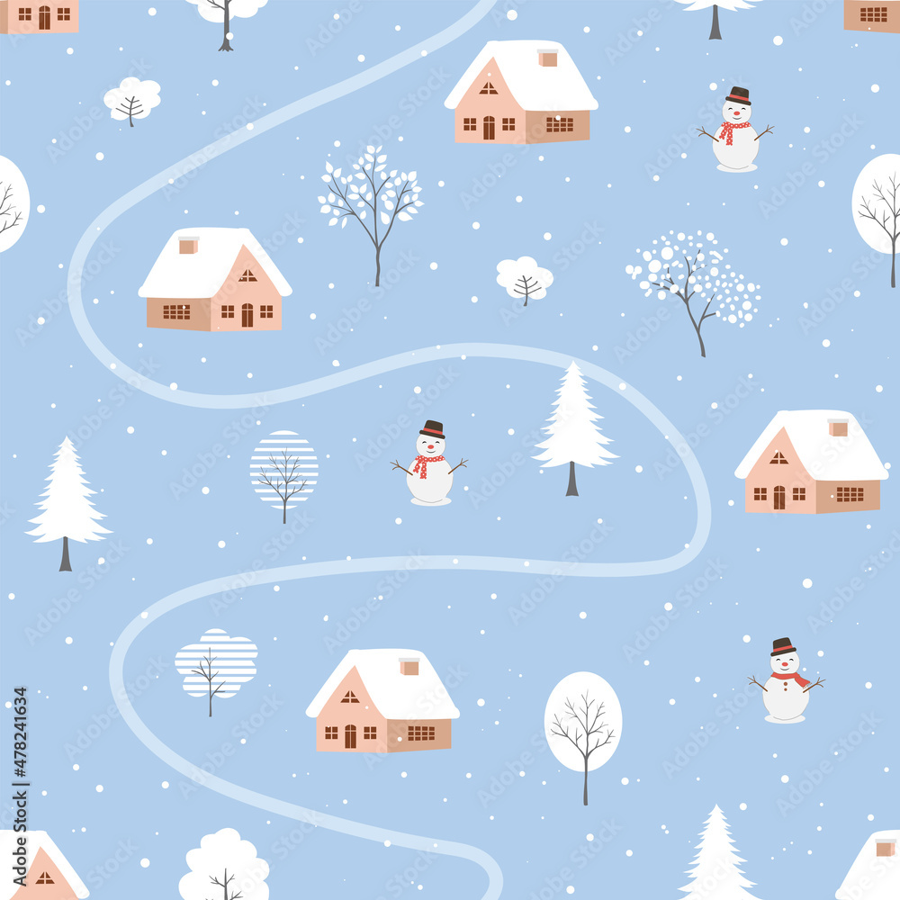 Winter seamless pattern with cute village and snowfall on blue background