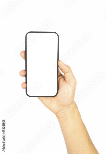 hand holding smartphone blank screen isolated white background