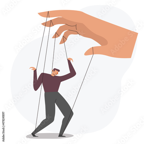 Puppeteer hand controlling puppet. Concept of manipulation and control over people. Vector flat cartoon style illustration