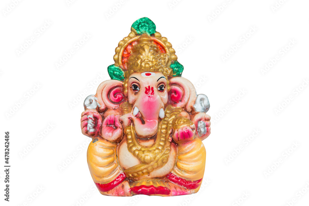 Close up idol of Hindu god Ganesha on white background