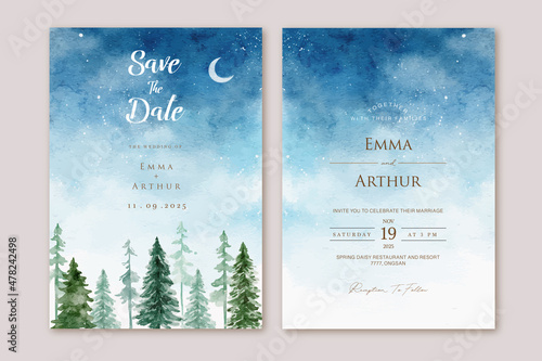 Set of wedding invitation with hand drawn watercolor night sky pine tree landscape