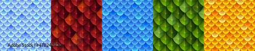 Game textures of dragon or fish skin, cuirass armor of reptile scale seamless background. Repeated patterns blue, red, green, yellow, red colors. Chain mail of fantasy animal squama Cartoon vector set