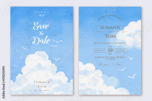 Watercolor hand drawn blue sky wedding invitation set template