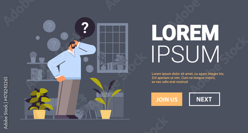 frustrated businessman with question mark looking for assistance help thinking inquiry concept