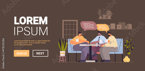mix race businesspeople drinking coffee and discussing during meeting chat bubble communication brainstorming