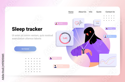 woman using electronic smart watch app tracker on hand quality and quantity sleep control concept