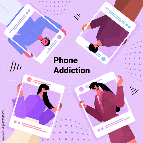 people in web browser windows men women taking photo and posing in social networks phone addiction concept portrait vector illustration