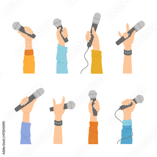 Hands with microphones, human palms holding mics, singer show rock gesture, karaoke bar recreation, journalist interview, music concert isolated design elements, Cartoon vector illustration, set