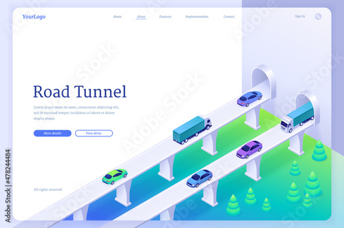 Road tunnel banner with car traffic on highway and tunnel entrance in wall. Vector landing page with isometric illustration of overpass, bridge with freeway, vehicles, trucks and underground corridor