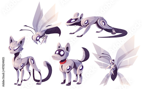 Pets robots, cyborgs cat, dog, rat and insects wasp or bee. Cartoon robotics animal characters, artificial intelligence mechanical and electronic personages isolated on white background Vector set