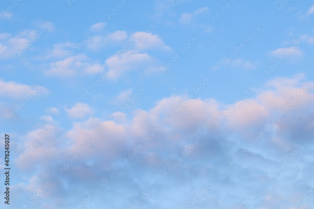 Blue sky background with white pink clouds at sunset Blue sky background with white pink clouds at sunset