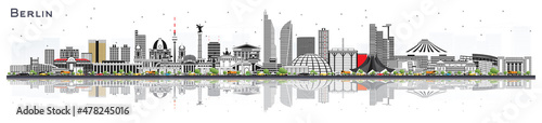 Berlin Germany City Skyline with Gray Buildings and Reflections Isolated on White.